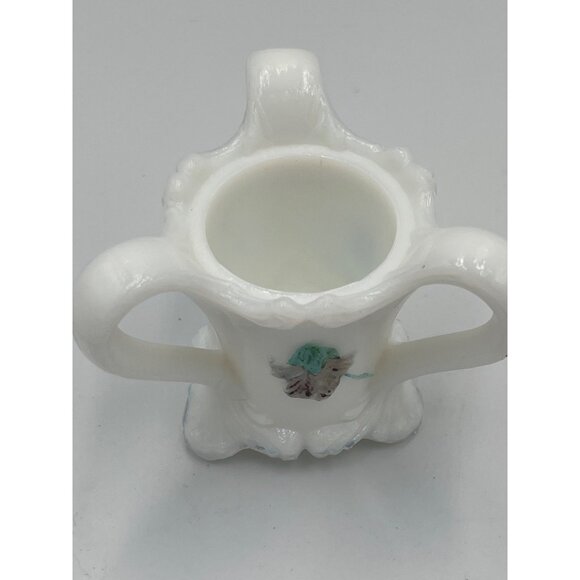 KEMPLE VTG Milk Glass Toothpick Holder Triple Handle Pansy Flower Design Cottage - Picture 4 of 6